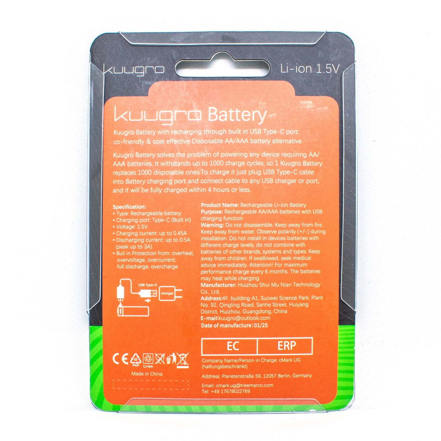 Oplaadbare batterijen AAA 1.5V 1100mWh - USB C - Li-Ion- Oplaadbare batterij - Recharging - Kuugro - 1.5V - 1100mWh
